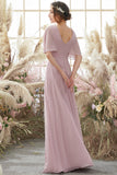 Rosa Batwing mangas gasa vestido de dama de honor