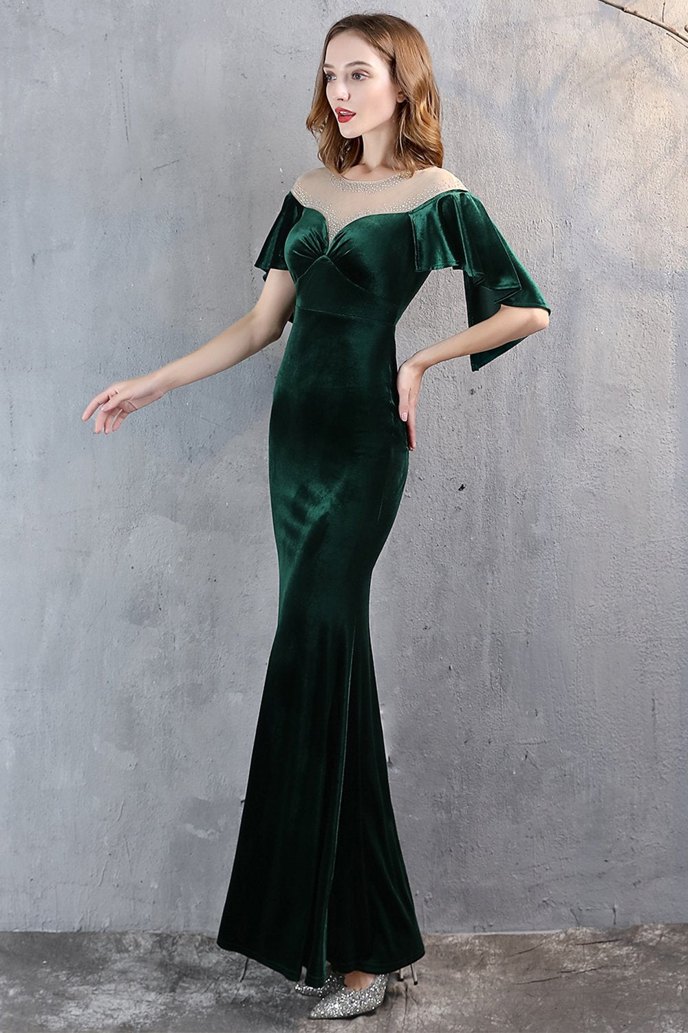 Vestido largo de fiesta de sirena de terciopelo de champán