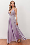 Vestido largo de baile lila deep V neck con correas cruzadas