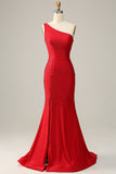 Un Hombro Rojo Vestido de Fiesta Con Abalorios