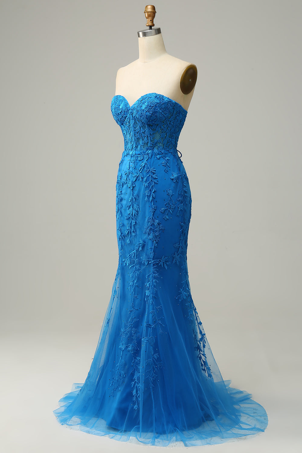 Sirena Azul Real Escote Corazón Vestido de Fiesta