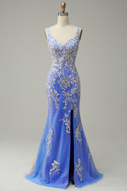 Sirena Cuello em V Azul Claro Vestido de Graduación con Apliques