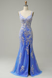 Sirena Cuello em V Azul Claro Vestido de Graduación con Apliques