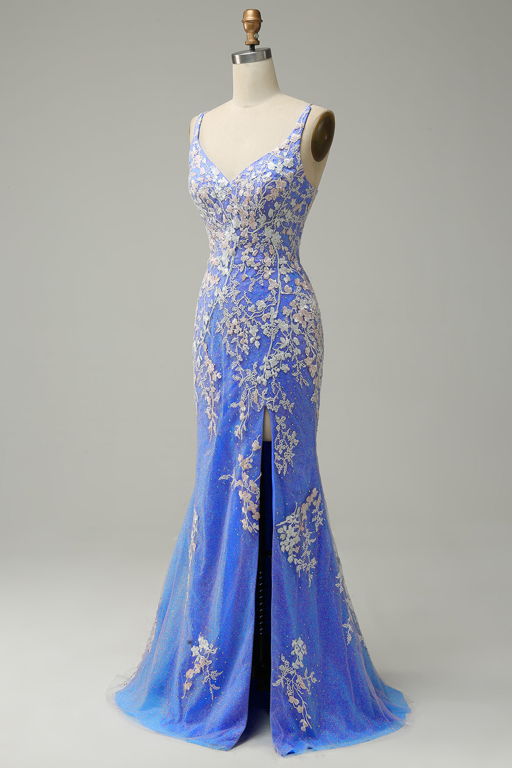Sirena Cuello em V Azul Claro Vestido de Graduación con Apliques