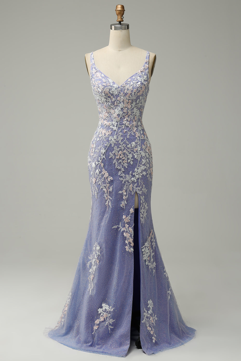 Sirena Cuello em V Azul Claro Vestido de Graduación con Apliques