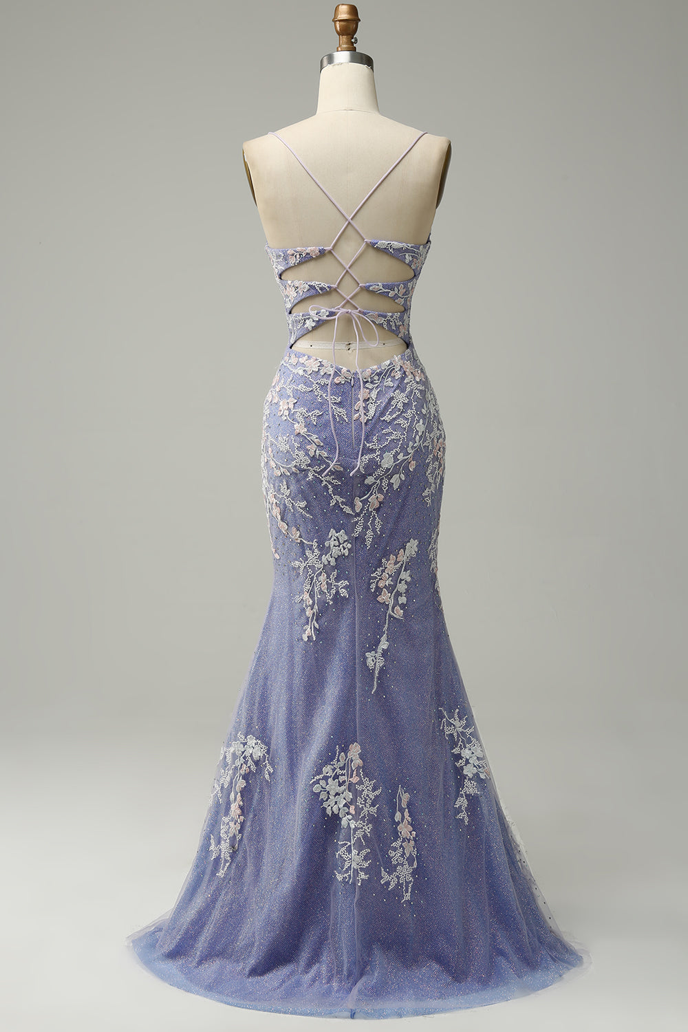 Sirena Cuello em V Azul Claro Vestido de Graduación con Apliques