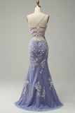 Sirena Cuello em V Azul Claro Vestido de Graduación con Apliques