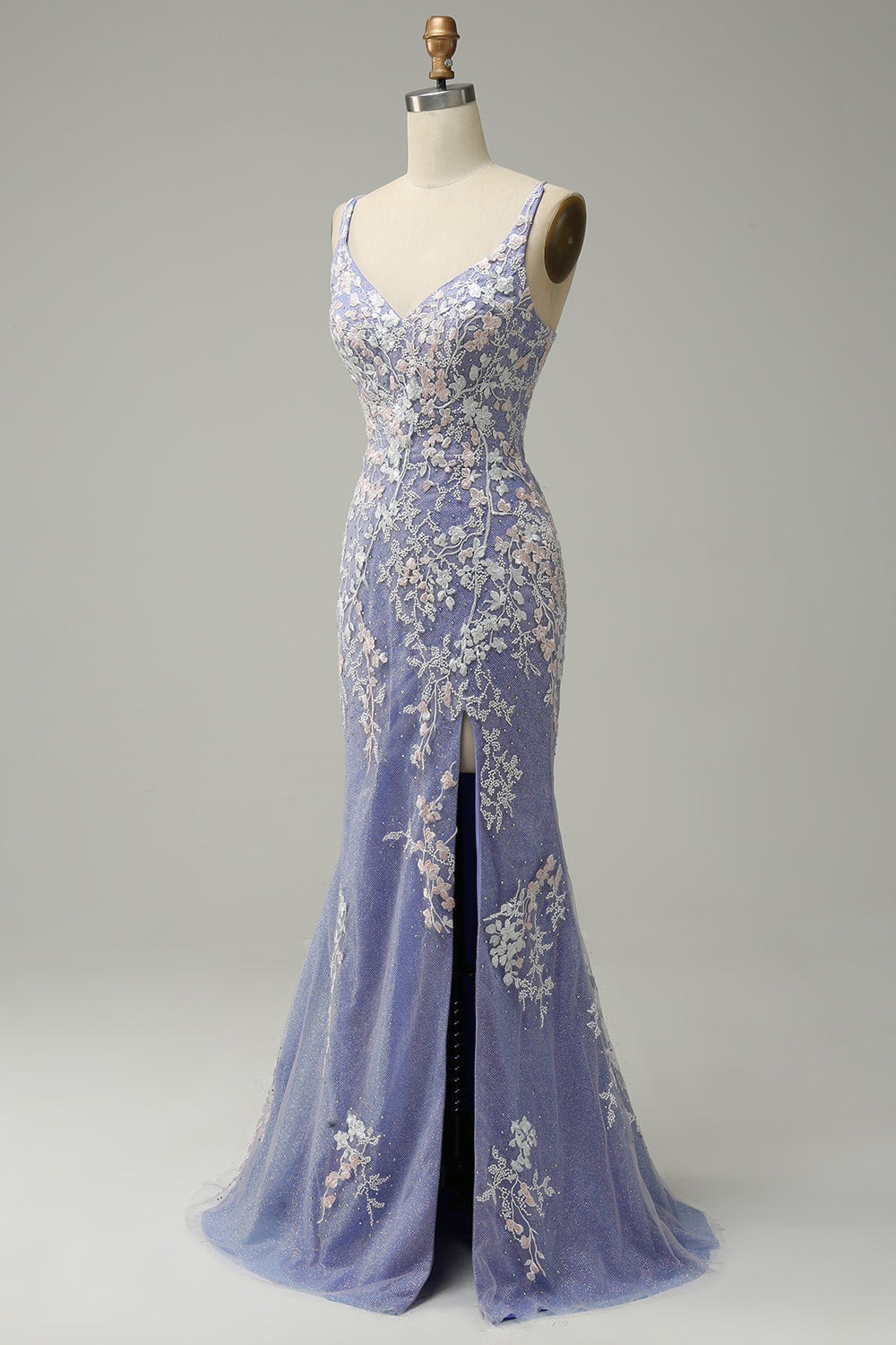 Sirena Cuello em V Azul Claro Vestido de Graduación con Apliques