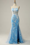 Sirena Tirantes de Espagueti Azul Vestido de Fiesta Con Apliques