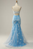 Sirena Tirantes de Espagueti Azul Vestido de Fiesta Con Apliques
