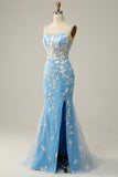 Sirena Tirantes de Espagueti Azul Vestido de Fiesta Con Apliques