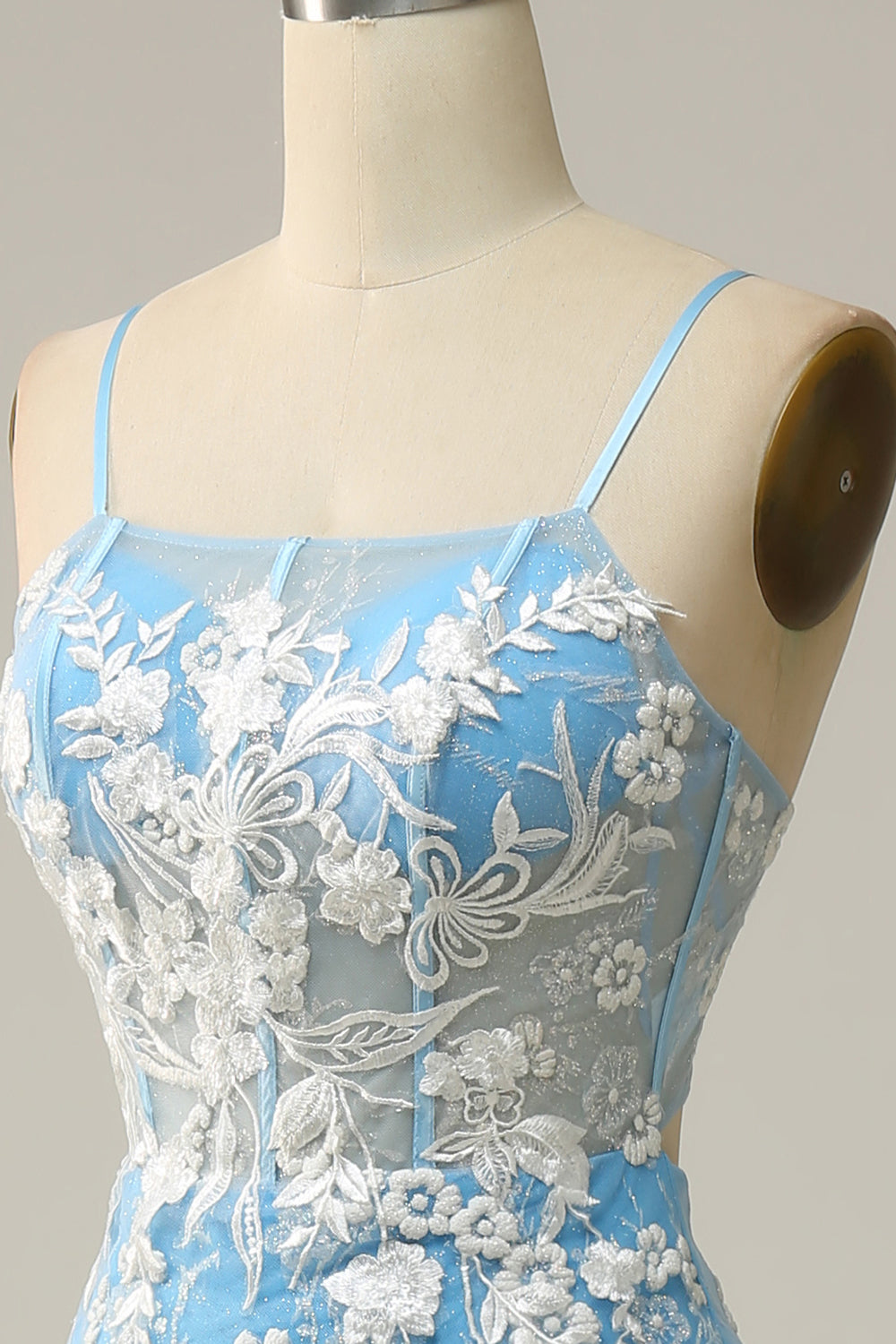 Sirena Tirantes de Espagueti Azul Vestido de Fiesta Con Apliques