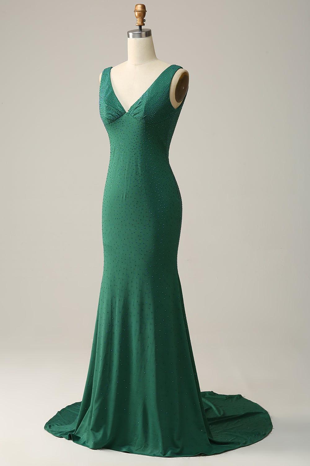 Sirena Cuello en V Verde Vestido de Fiesta con Abalorios