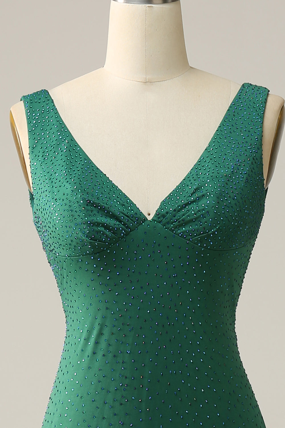 Sirena Cuello en V Verde Vestido de Fiesta con Abalorios