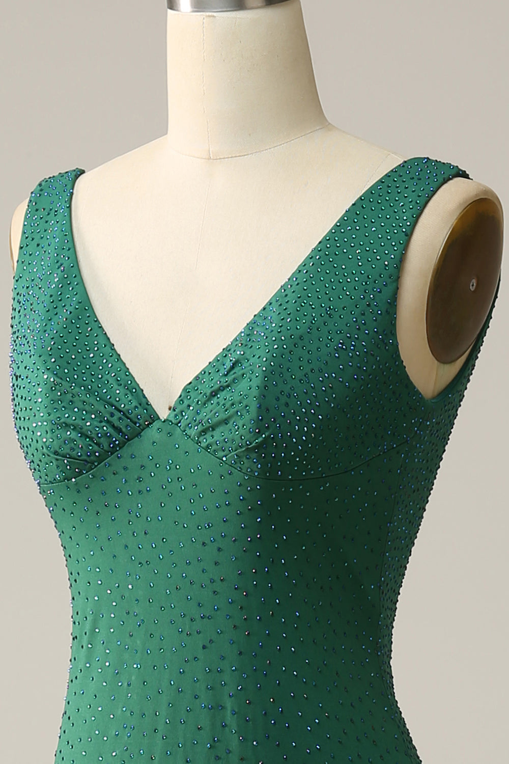Sirena Cuello en V Verde Vestido de Fiesta con Abalorios