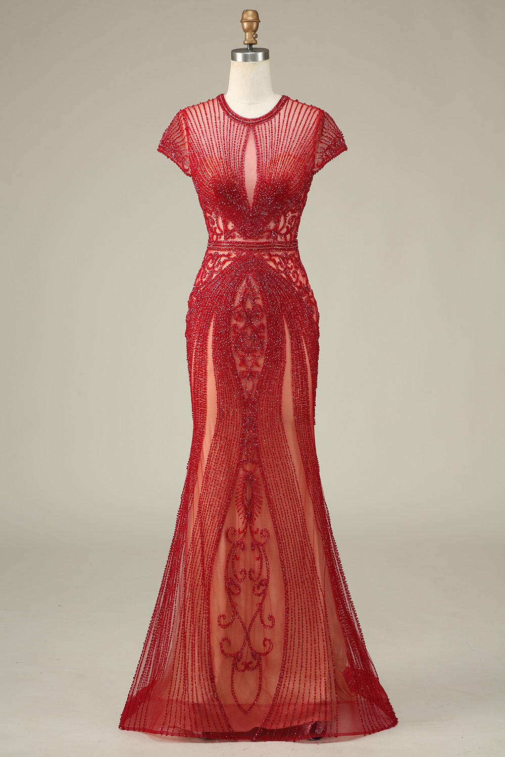 Precioso vestido de fiesta burdeos con cuello joya de sirena con abalorios