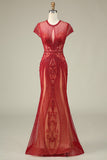 Precioso vestido de fiesta burdeos con cuello joya de sirena con abalorios