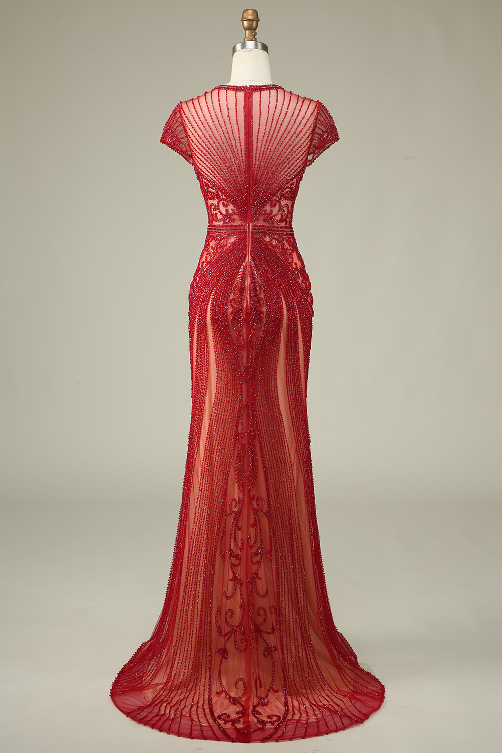Lujoso vestido de fiesta de champán con cuello de joya de sirena con abalorios