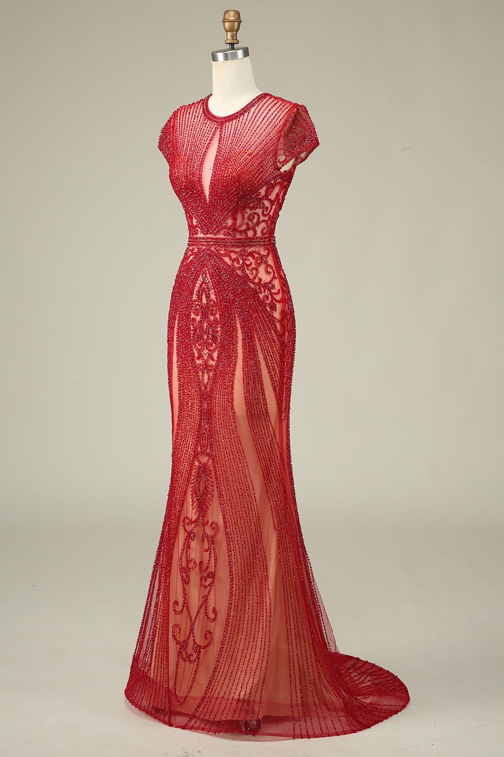 Lujoso vestido de fiesta de champán con cuello de joya de sirena con abalorios