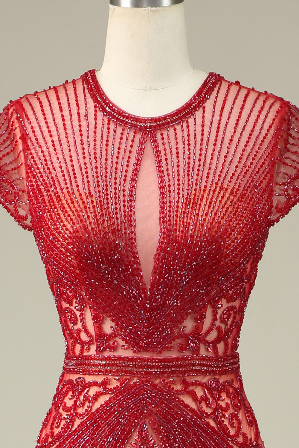 Lujoso vestido de fiesta de champán con cuello de joya de sirena con abalorios