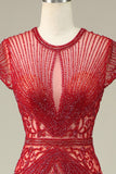 Lujoso vestido de fiesta de champán con cuello de joya de sirena con abalorios