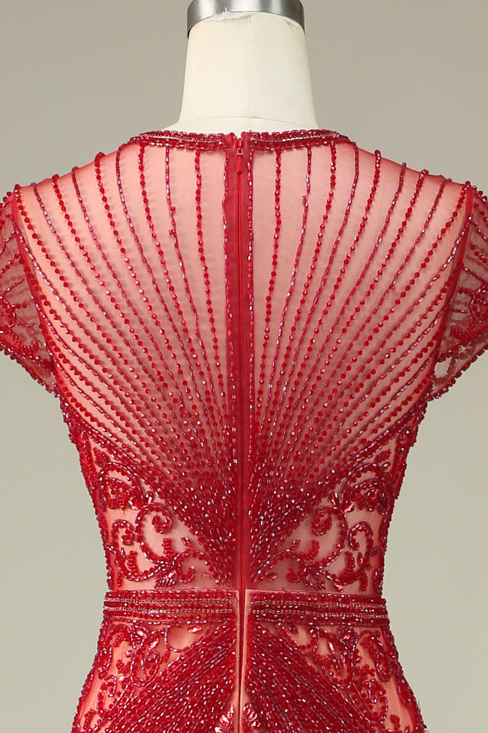 Lujoso vestido de fiesta de champán con cuello de joya de sirena con abalorios