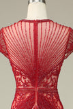 Lujoso vestido de fiesta de champán con cuello de joya de sirena con abalorios