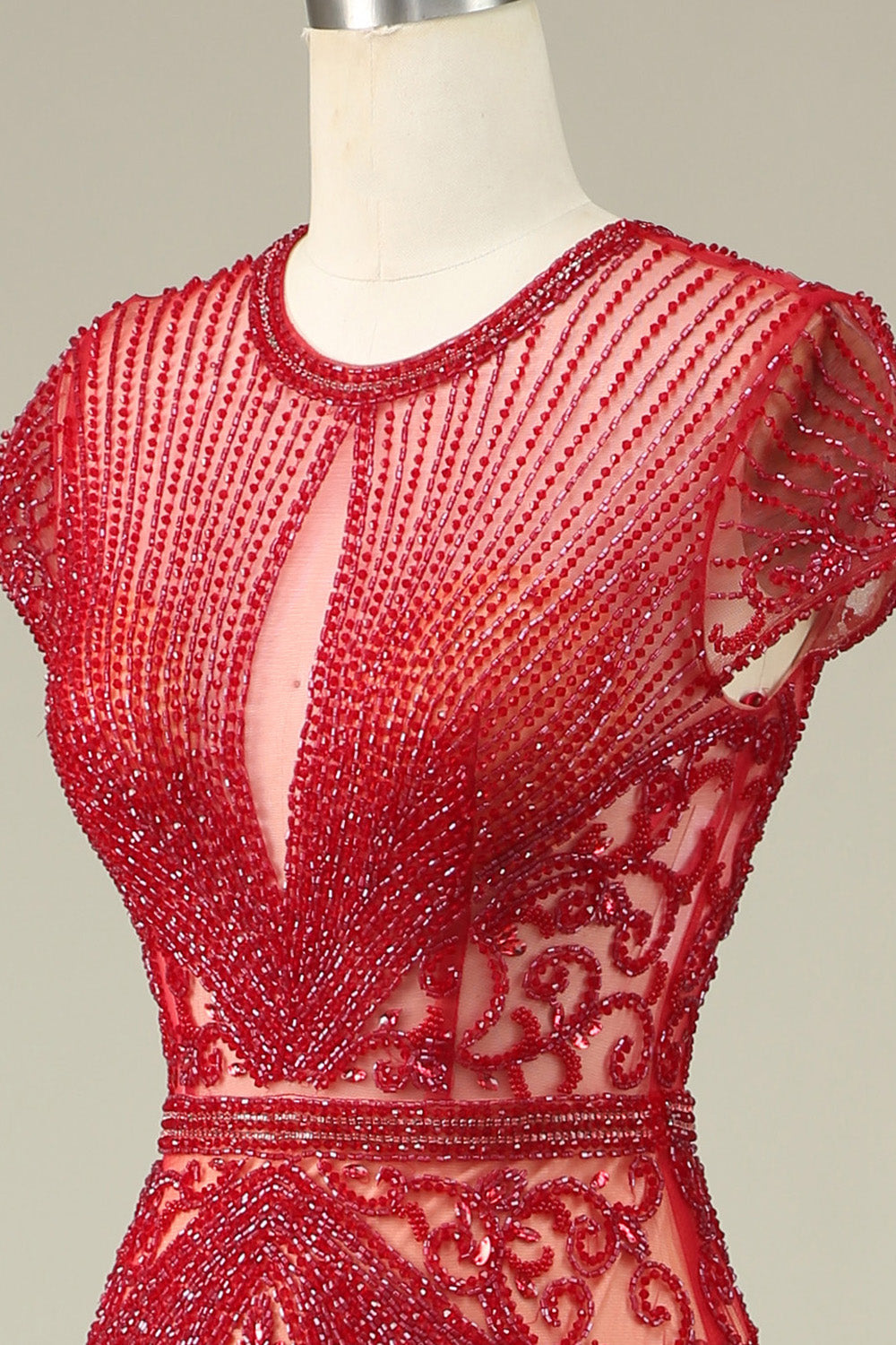 Lujoso vestido de fiesta de champán con cuello de joya de sirena con abalorios