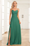 A Línea Correas de Espagueti Verde Oscuro Vestido de Dama de Honor