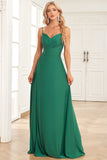 A Línea Correas de Espagueti Verde Oscuro Vestido de Dama de Honor
