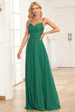 A Línea Correas de Espagueti Verde Oscuro Vestido de Dama de Honor