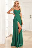 A Línea Correas de Espagueti Verde Oscuro Vestido de Dama de Honor