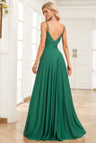 A Línea Correas de Espagueti Verde Oscuro Vestido de Dama de Honor
