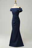 Azul Marino Fuera del Hombro Vestido Boda Invitada