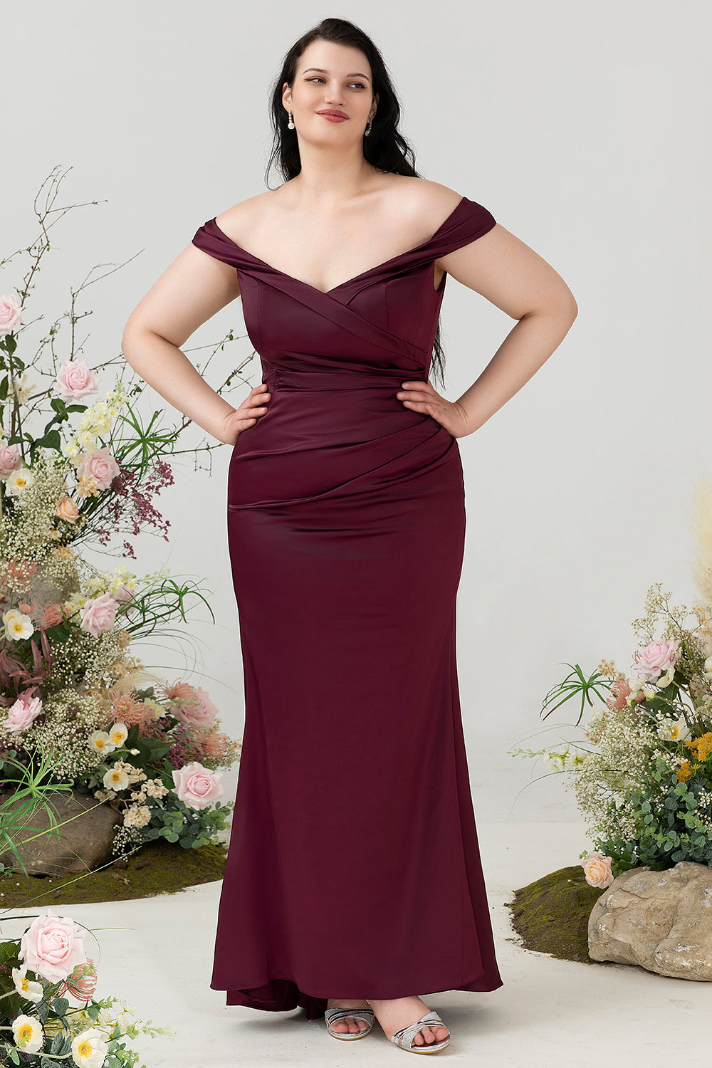 Fuera del Hombro Borgoña Talla Grande Vestido Invitada Boda