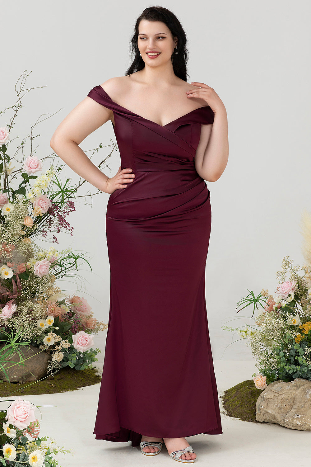 Fuera del Hombro Borgoña Talla Grande Vestido Invitada Boda
