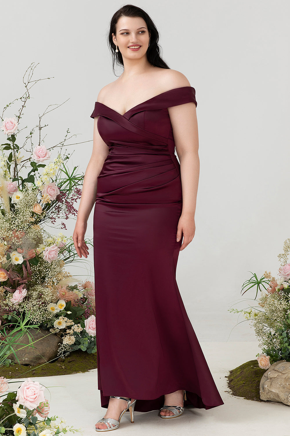 Fuera del Hombro Borgoña Talla Grande Vestido Invitada Boda