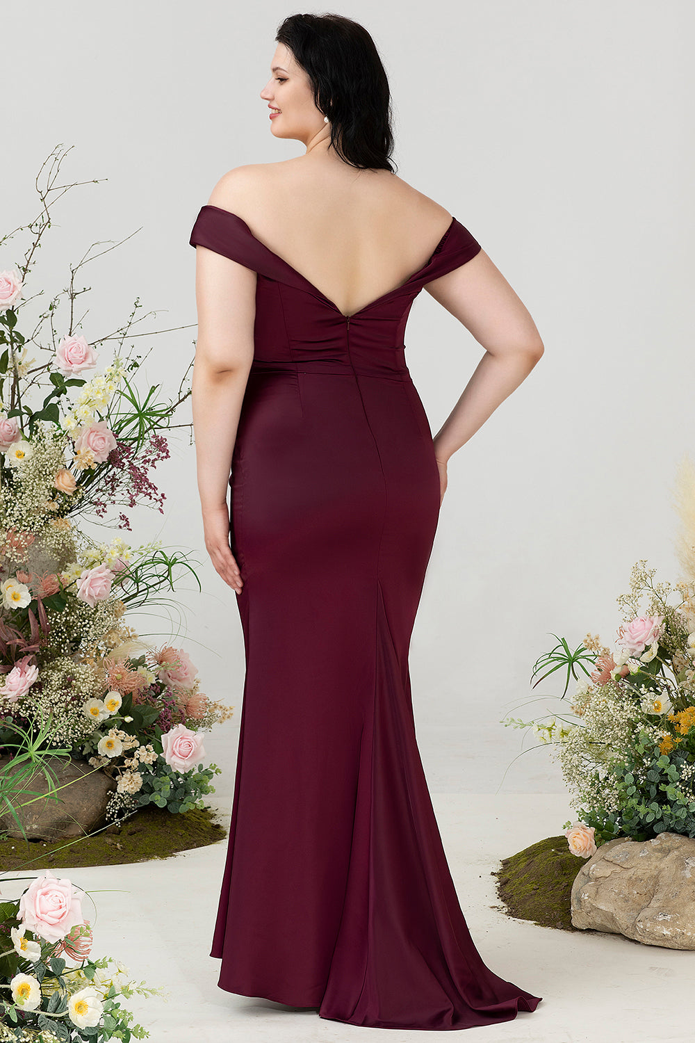 Fuera del Hombro Borgoña Talla Grande Vestido Invitada Boda
