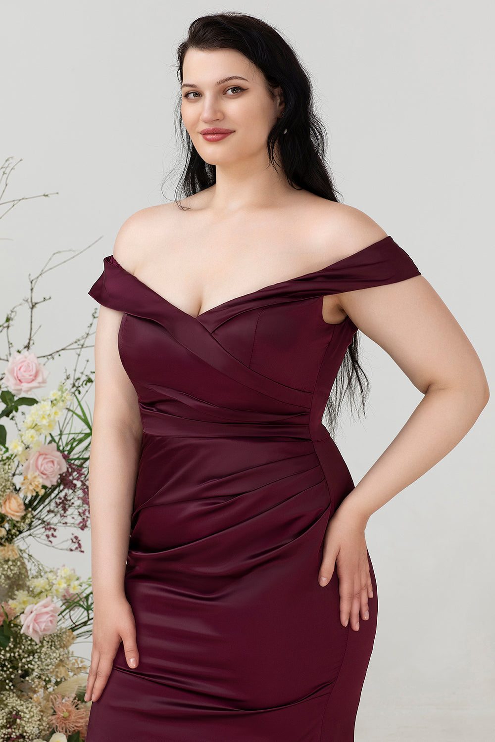 Fuera del Hombro Borgoña Talla Grande Vestido Invitada Boda