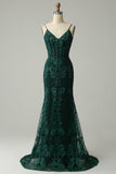 Sirena Tirantes de Espagueti Verde Vestido de Fiesta Con Apliques