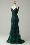 Sirena Tirantes de Espagueti Verde Vestido de Fiesta Con Apliques