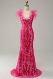 Sirena Fucsia Lentejulas Vestido de Graduación Con Plumas