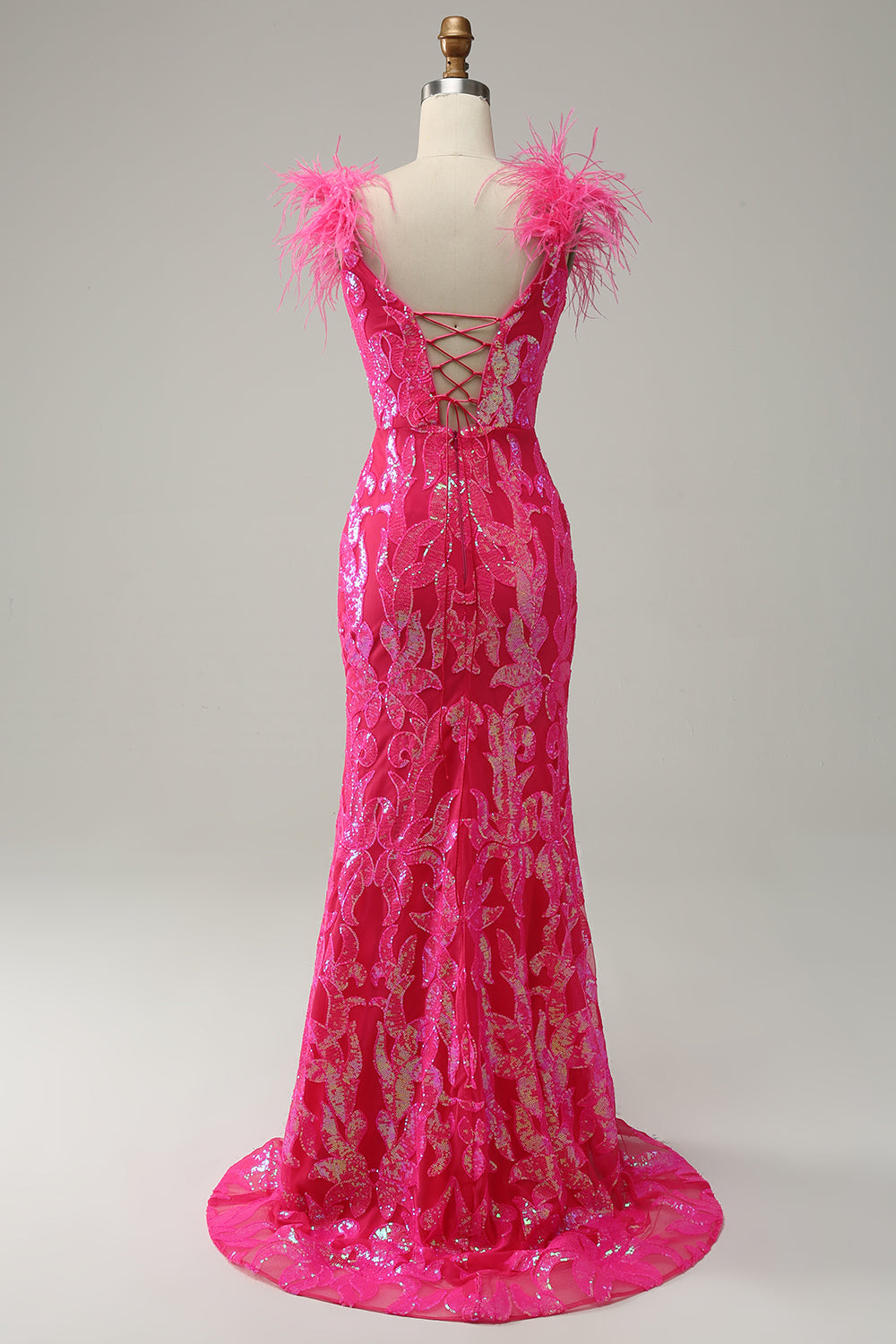 Sirena Fucsia Lentejulas Vestido de Graduación Con Plumas