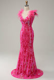 Sirena Fucsia Lentejulas Vestido de Graduación Con Plumas