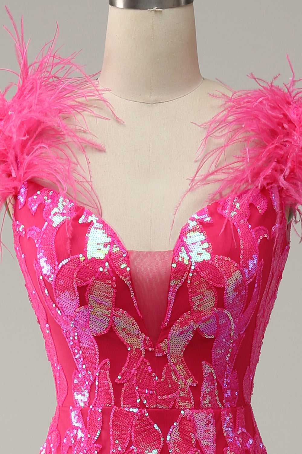 Sirena Fucsia Lentejulas Vestido de Graduación Con Plumas
