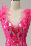 Sirena Fucsia Lentejulas Vestido de Graduación Con Plumas
