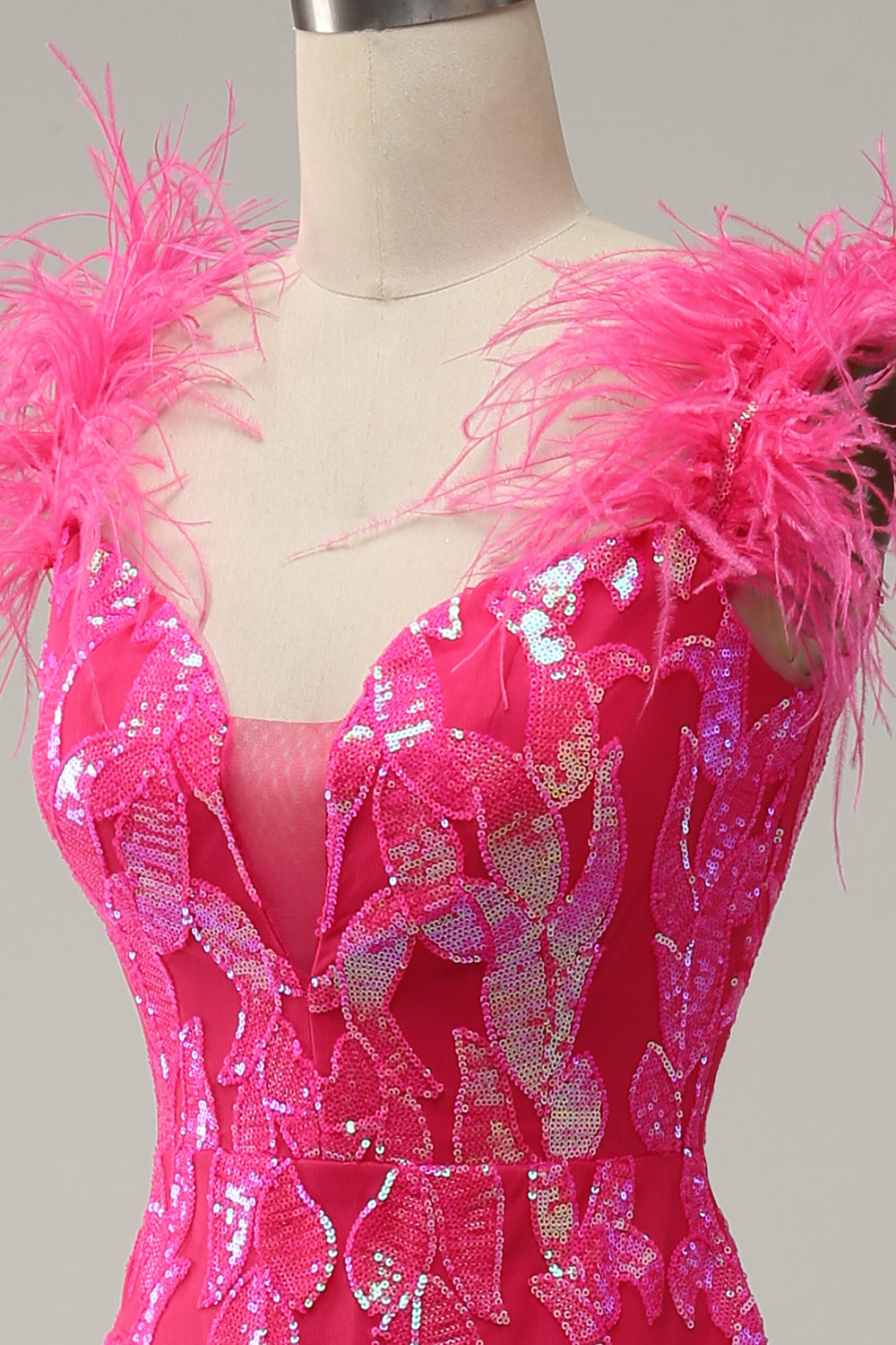 Sirena Fucsia Lentejulas Vestido de Graduación Con Plumas