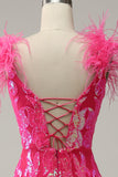 Sirena Fucsia Lentejulas Vestido de Graduación Con Plumas