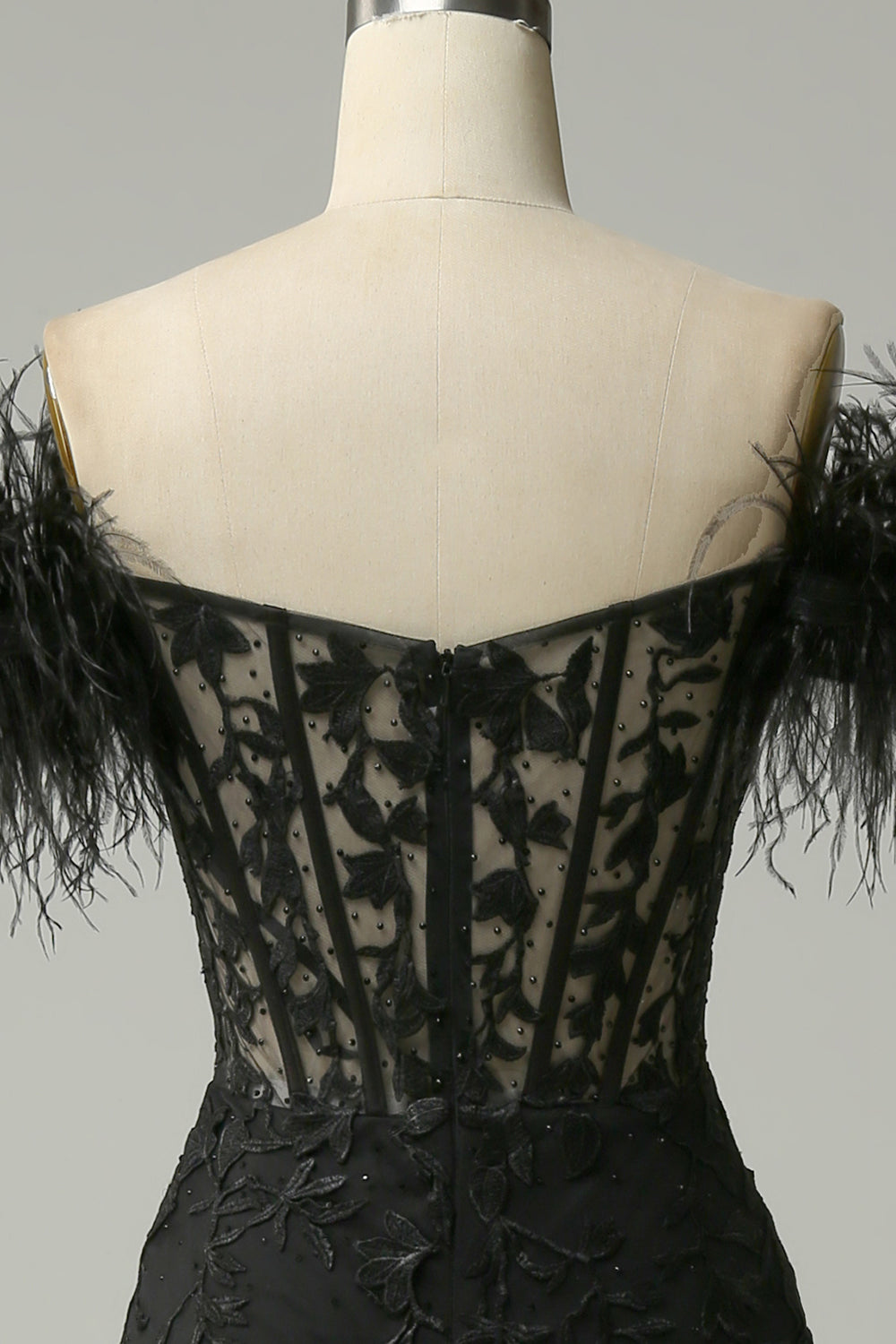 Fuera del Hombro Negro Sirena Vestido de Fiesta Con Plumas
