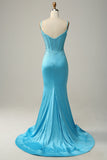 Sirena Tirantes de Espagueti Azul Vestido de Fiesta Con Cuentas
